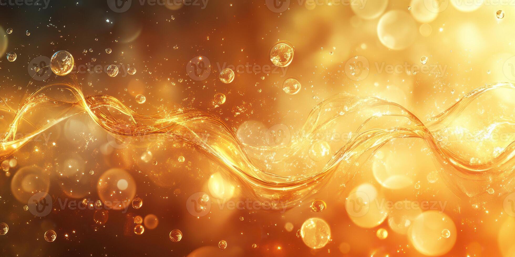 Golden sparkling liquid flowing in an abstract background with bubbles and light reflections during the evening photo