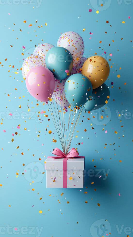 Colorful balloons and confetti celebrate a joyful occasion with a festive gift box against a bright blue backdrop photo