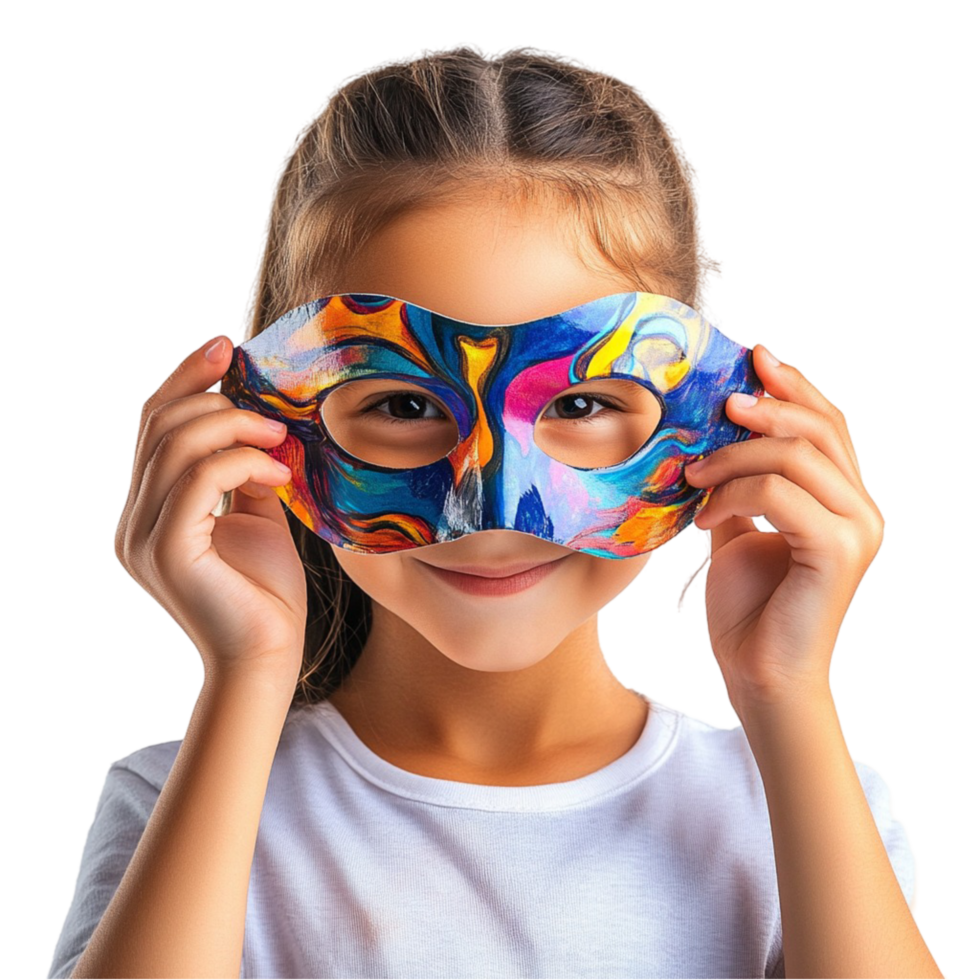 Cute Little Girl Wearing A Bright Carnival Mask With Party Bunting Flags And Falling Confetti On A Clear Background png