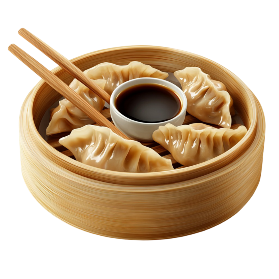 dumplings in a bamboo container with chopsticks png