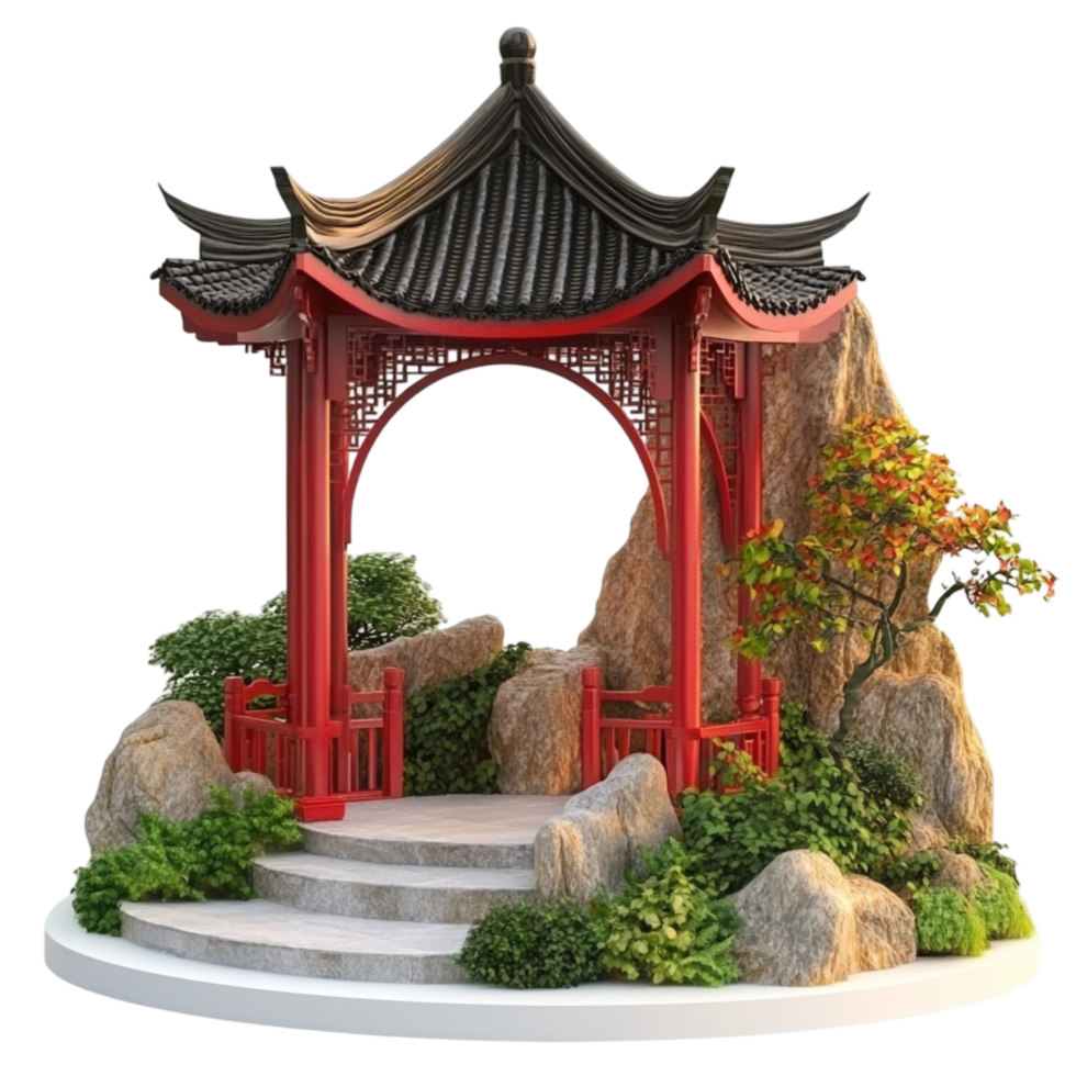 a chinese pavilion with a red roof and stone steps png