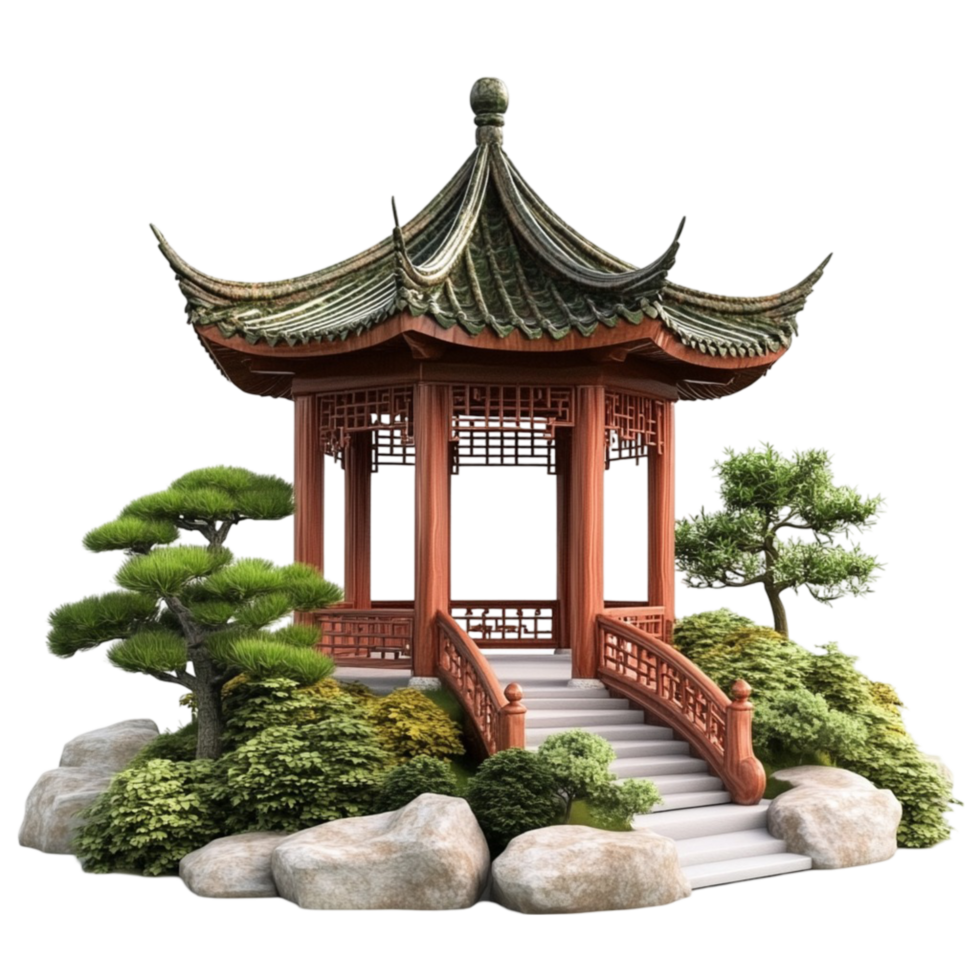 an asian pagoda with a stone path and trees png