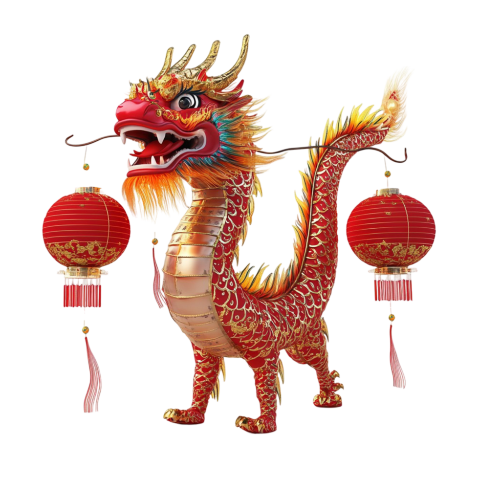 Chinese New Year Dragon Surrounded by Red Lanterns, A Traditional Sign of Happiness and Good Fortune png