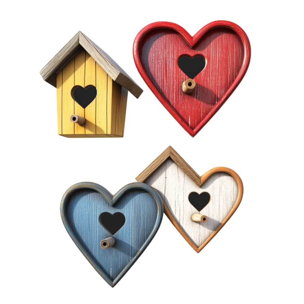 Lovely Collection of Three Wooden Birdhouses Featuring Heart Patterns for a Romantic Outdoor Setting png