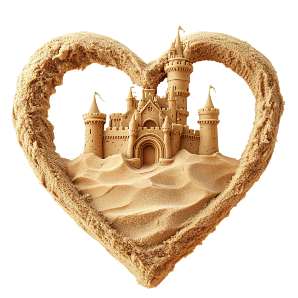 Romantic Heart-Shaped Sand Castle With Detailed Carvings and Smooth Texture png