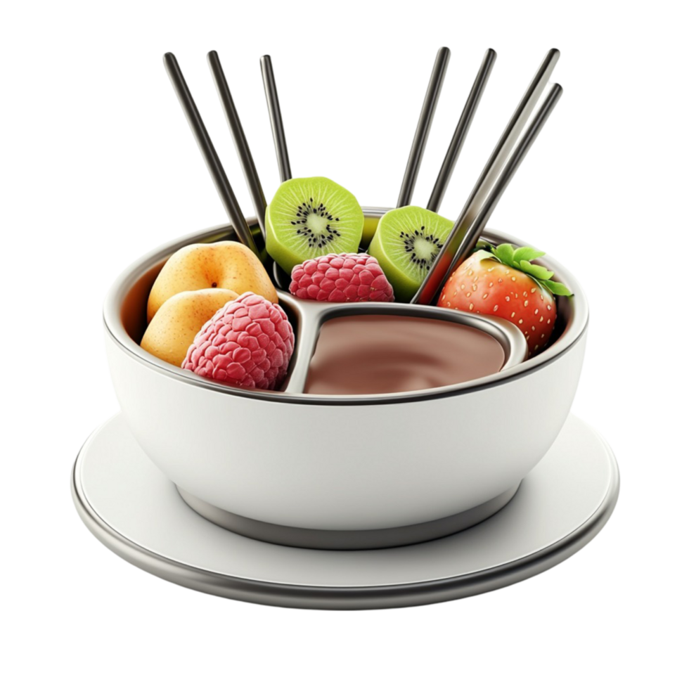 Sweet And Juicy Fruits With Melted Chocolate In A White Bowl png