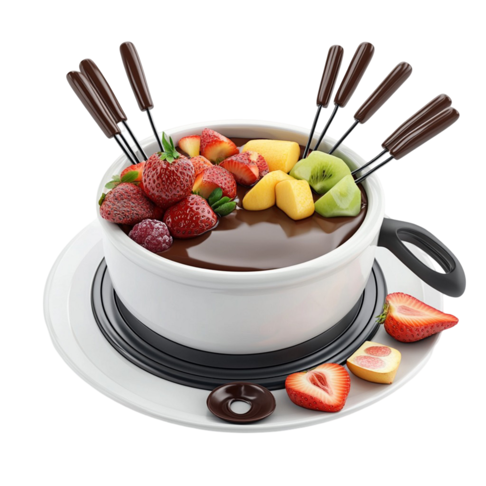 Delicious Chocolate Fondue With Fresh Fruits On A White Plate png