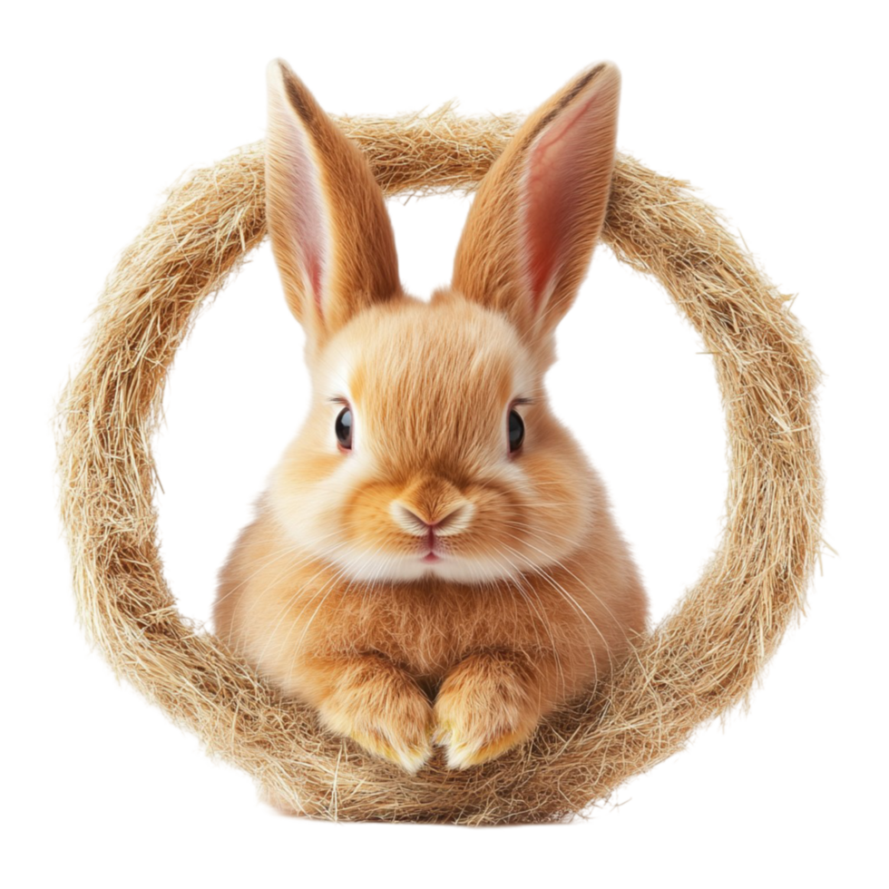 Cute Fluffy Rabbit Resting in a Circular Wreath With a White Backdrop png