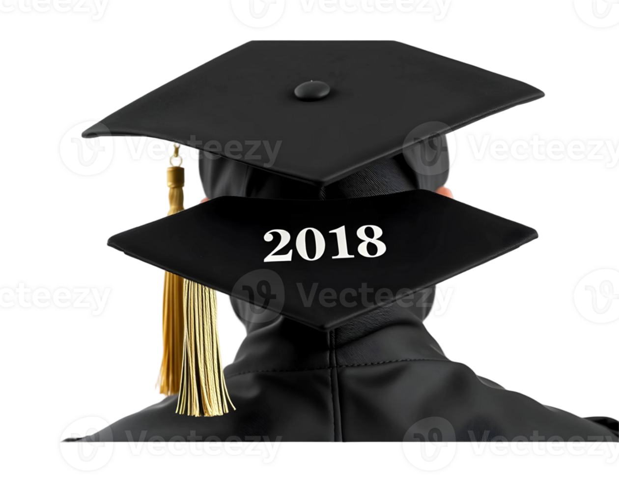 Graduate in black mantle and hat with 2018 text isolated on transparent background png