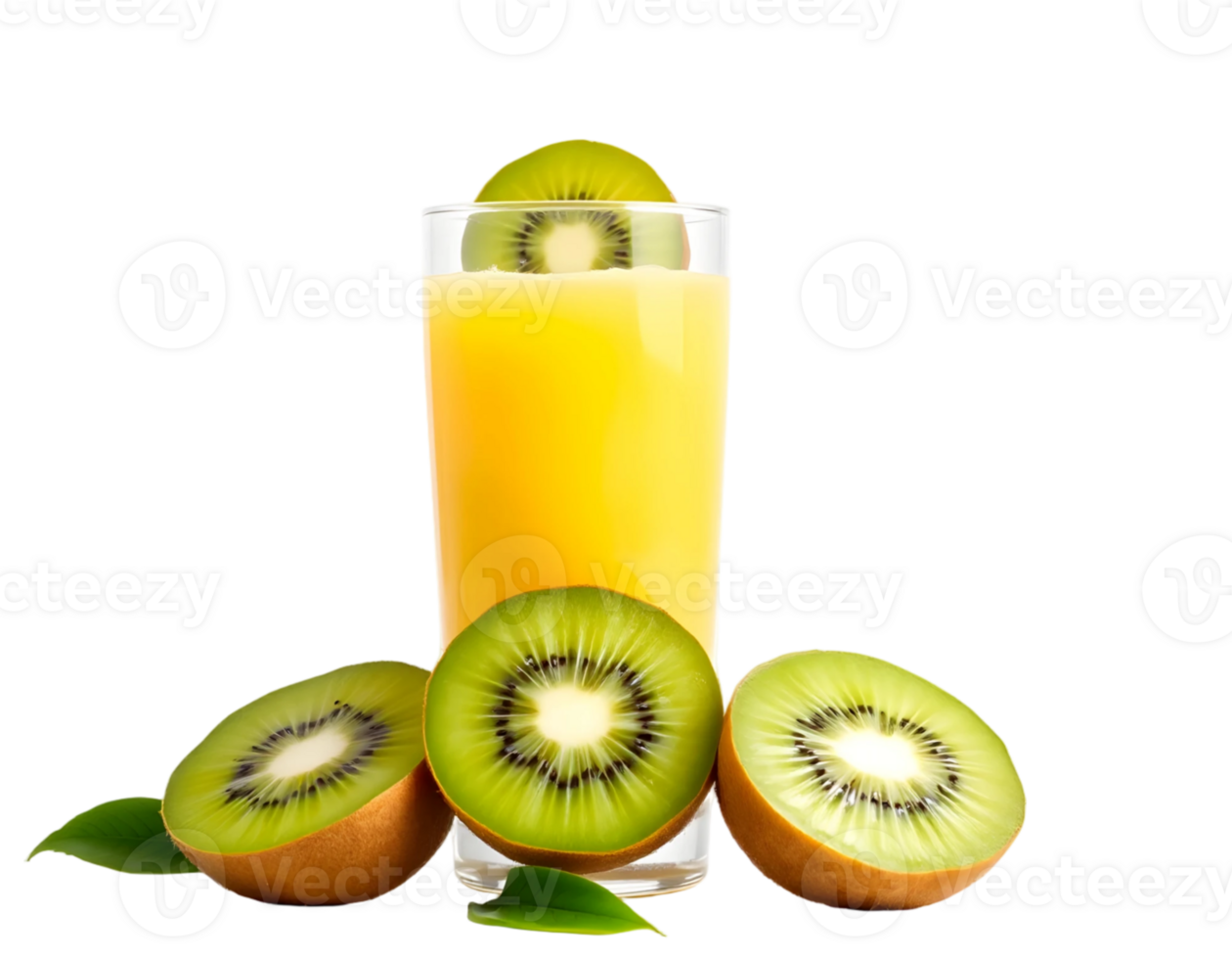 Glass of fresh kiwi juice with slices of kiwi fruit on transparent background png
