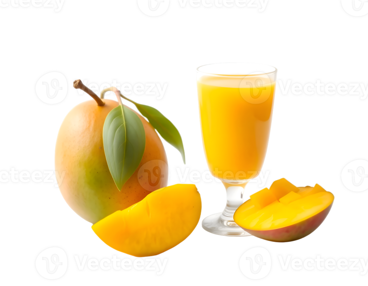 Mango juice in a glass and slices of mango on a transparent background png
