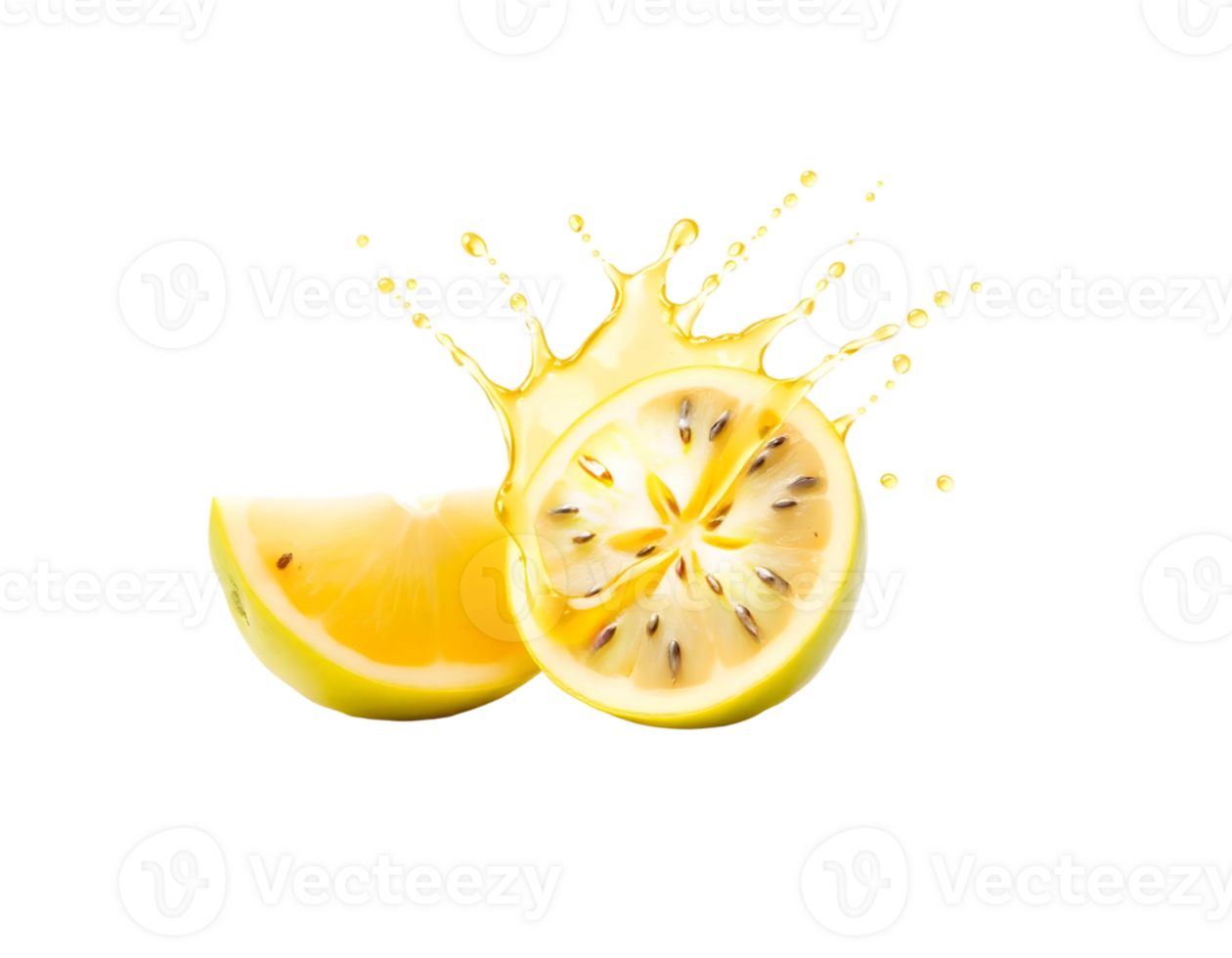Sliced lemon and juice splash isolated on transparent background png