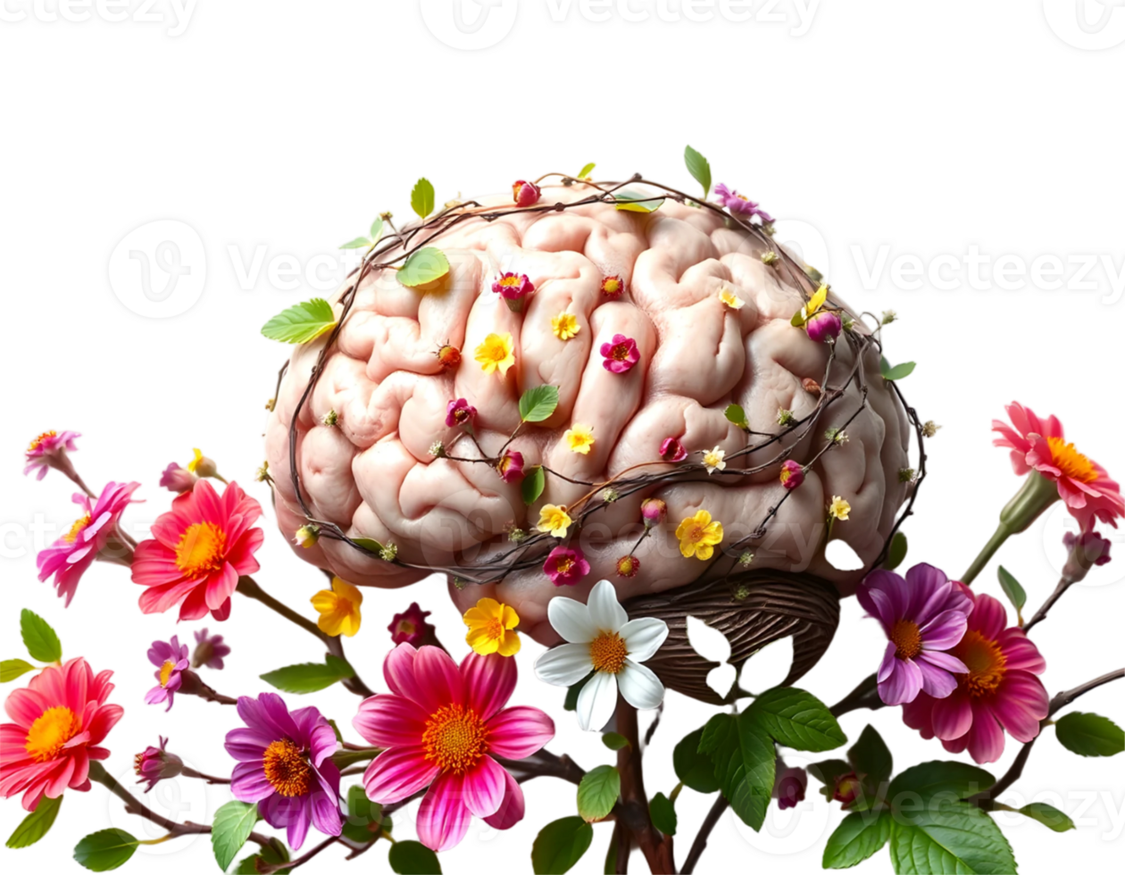 Human brain with flowers isolated on transparent background png