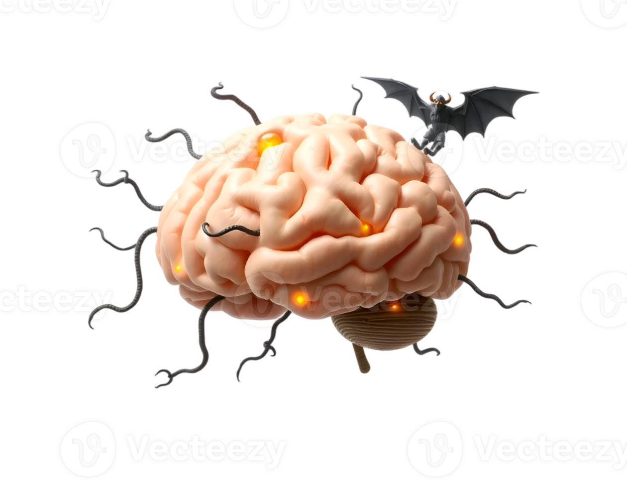 Human brain with flying bats png