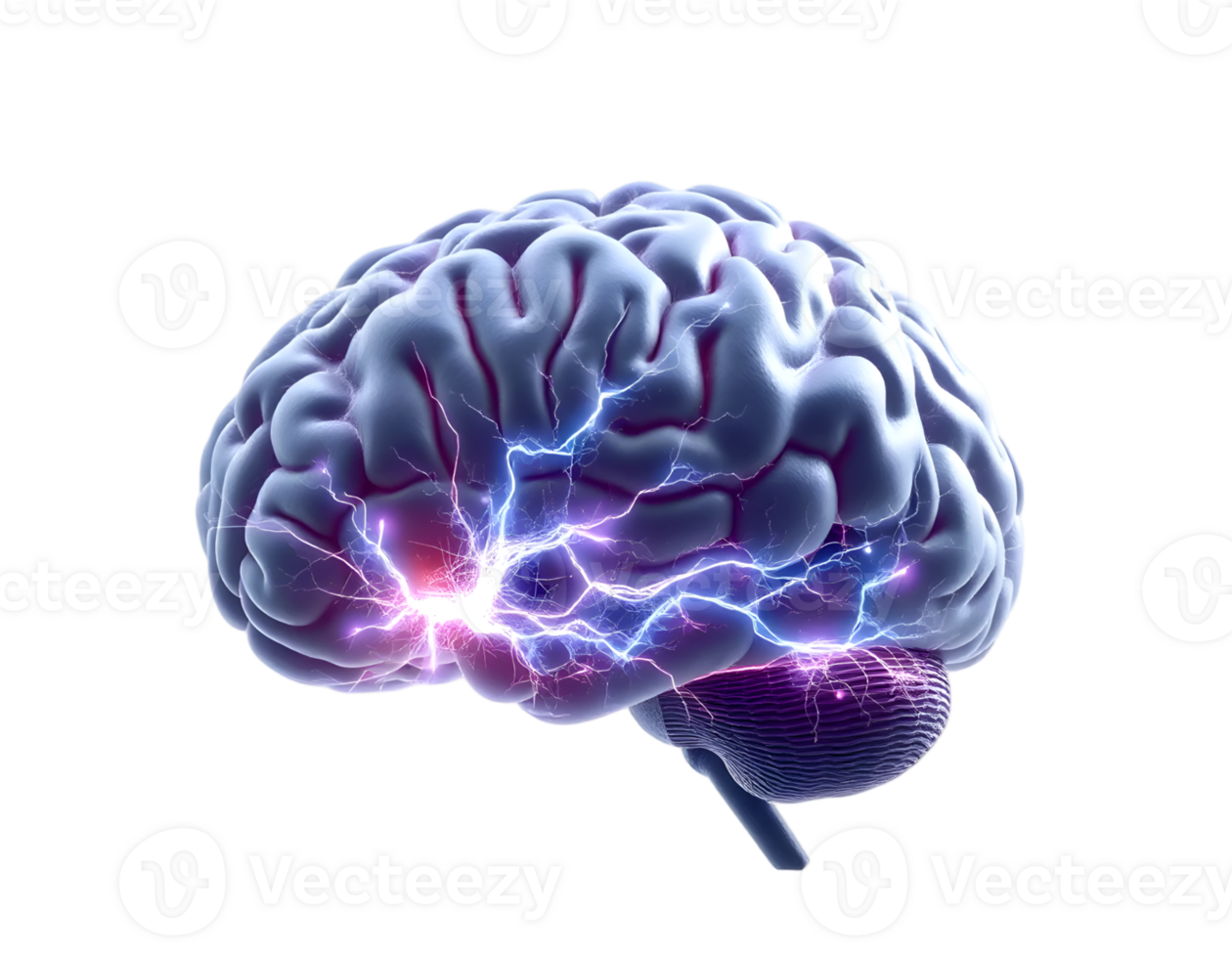 Human brain with electric lightning on transparent background png