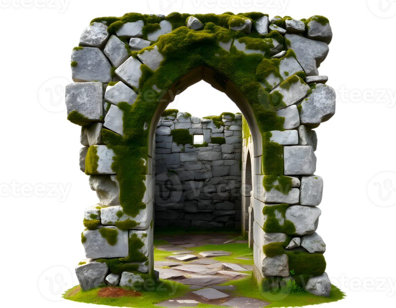 Stone gate with green moss isolated on transparent background png