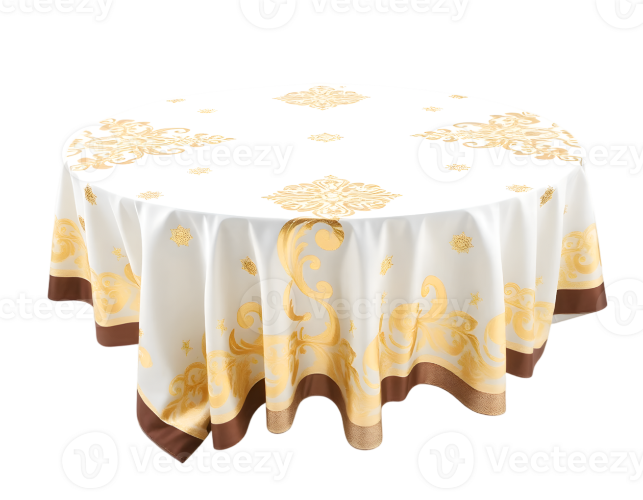White round tablecloth with golden pattern isolated on transparent background png
