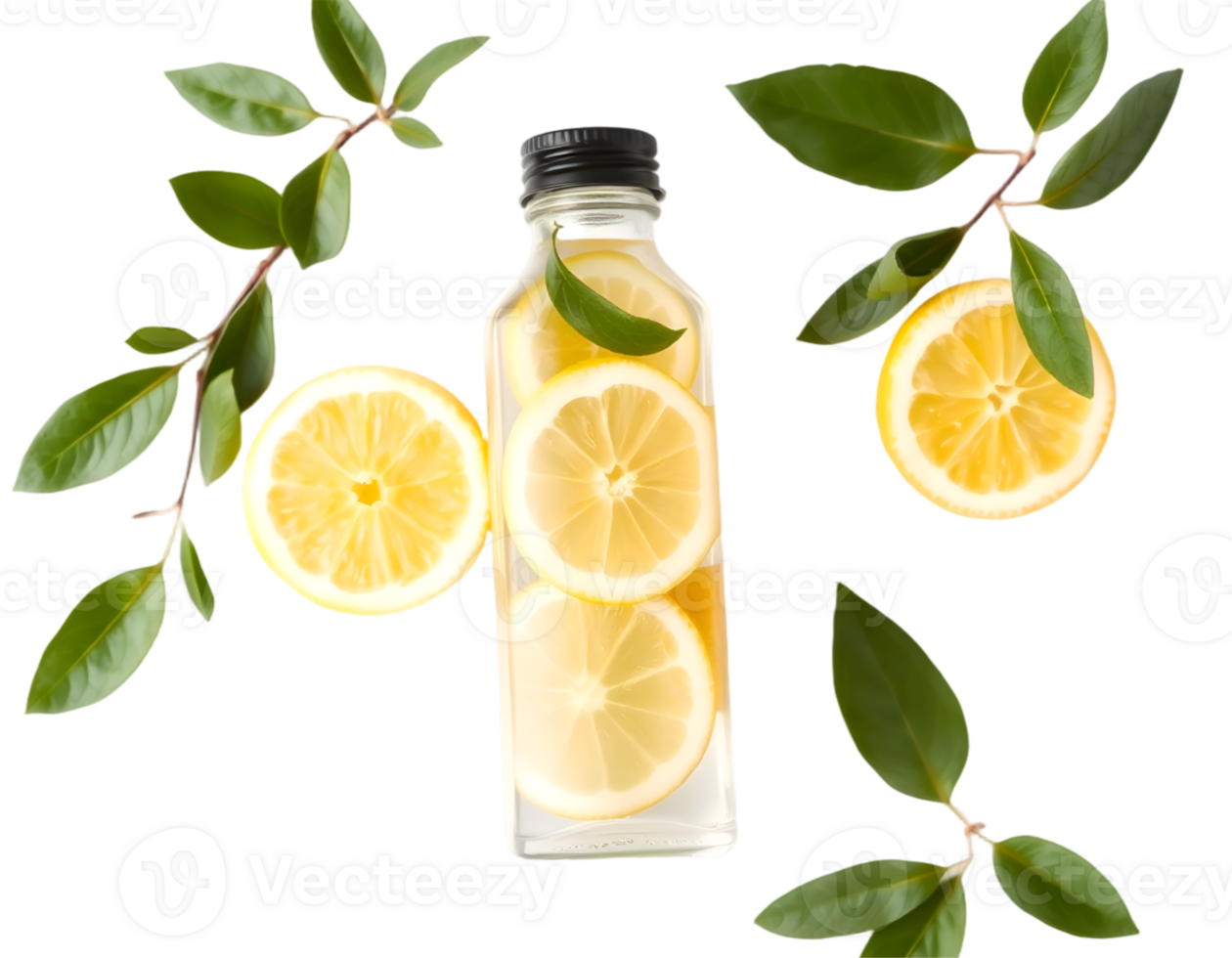 Lemon water in a bottle with lemon slices and leaves on a transparent background png