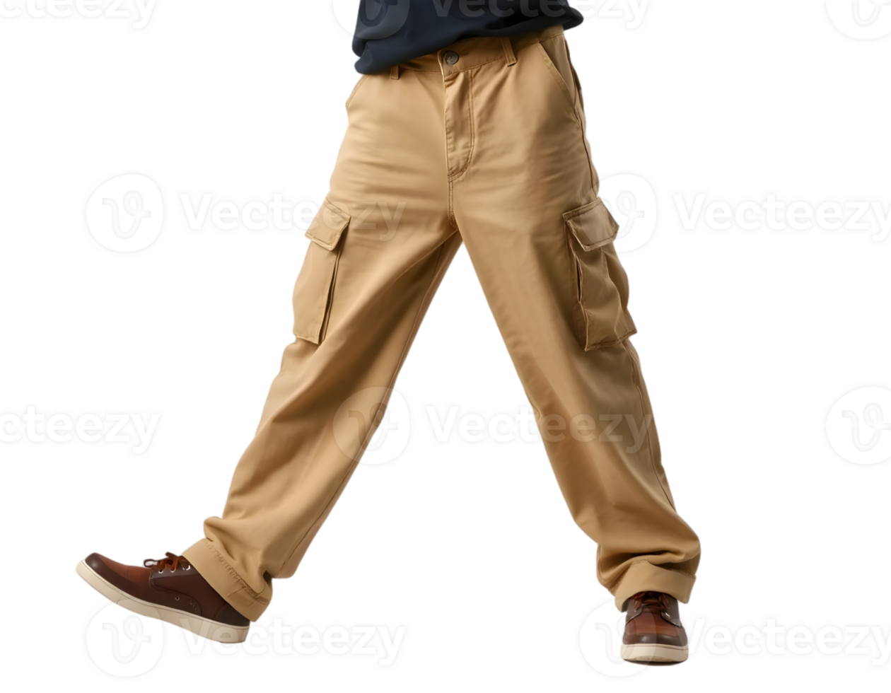 Low section of man walking and wearing pants, isolated on transparent background png