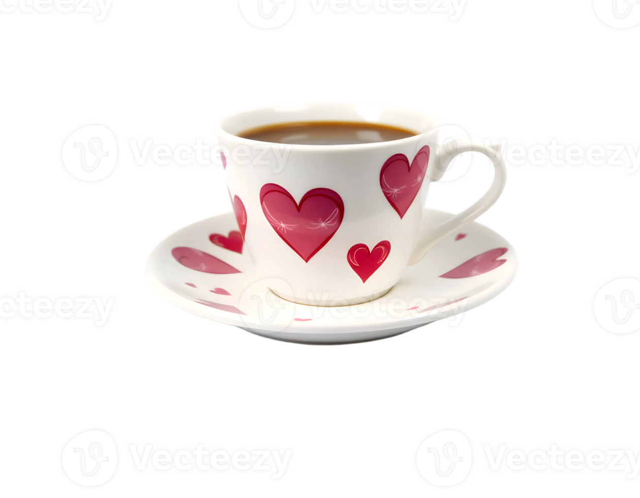 Cup of coffee with hearts on saucer isolated on transparent background png