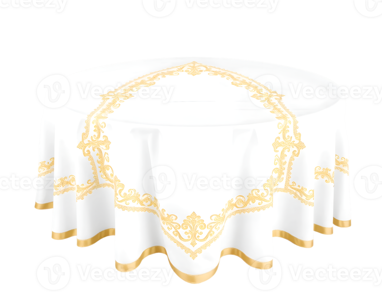 White round tablecloth with golden pattern on transparent background png