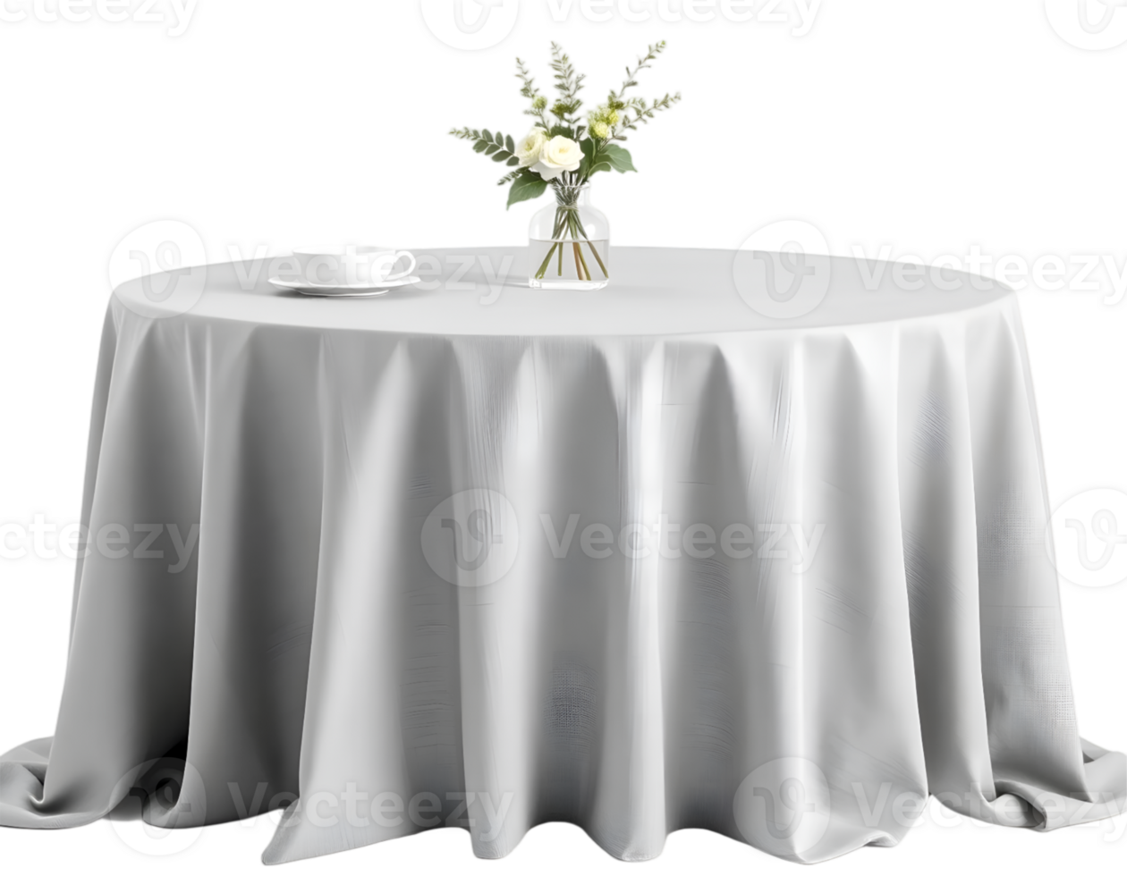 Table with white tablecloth and flowers on a transparent background png