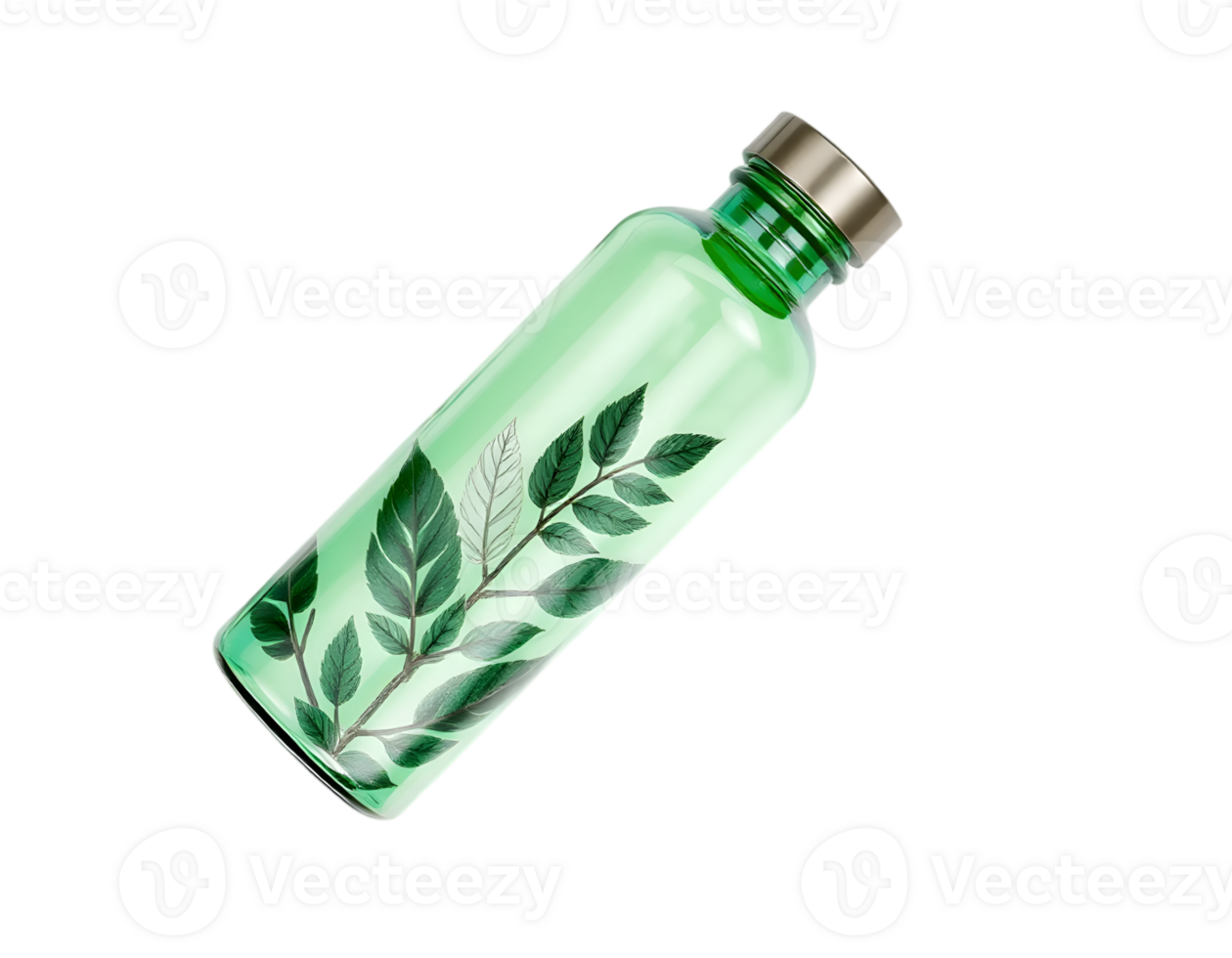 Green cosmetic bottle with a green leaf on a transparent background png