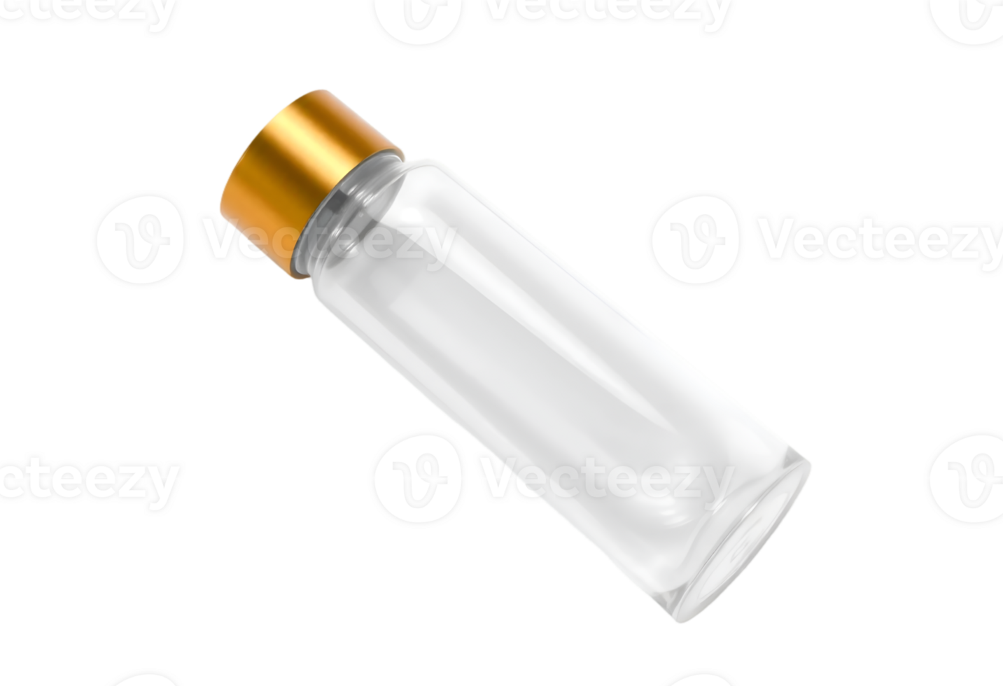 Realistic transparent cosmetic bottle mockup with gold cap png