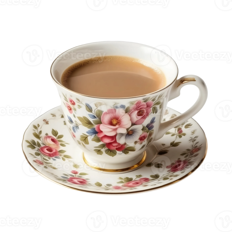 Cup of coffee with floral pattern on the saucer isolated on transparent background png