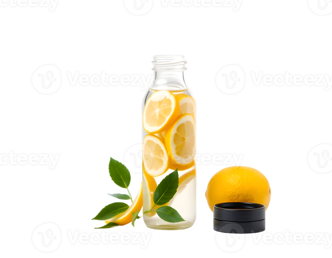 Lemonade in glass bottle with lemon slices and leaves isolated on transparent background png