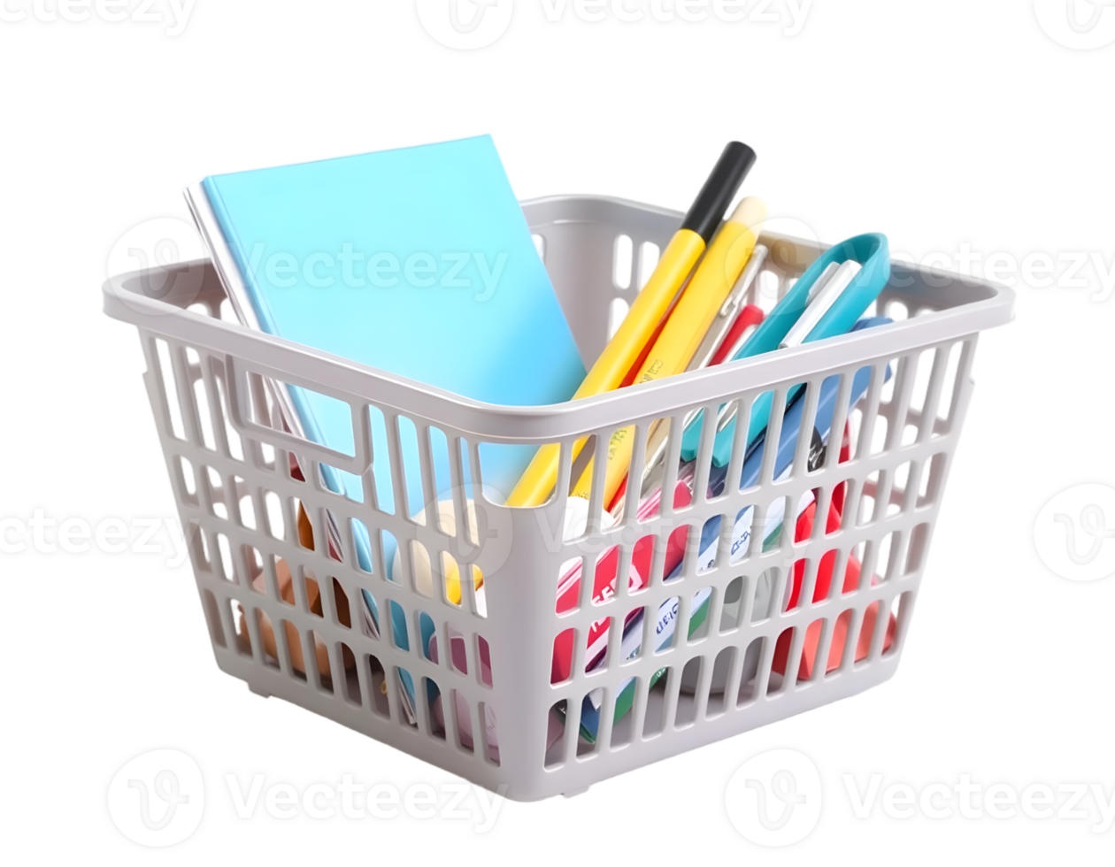 Shopping basket with stationery isolated on transparent background png