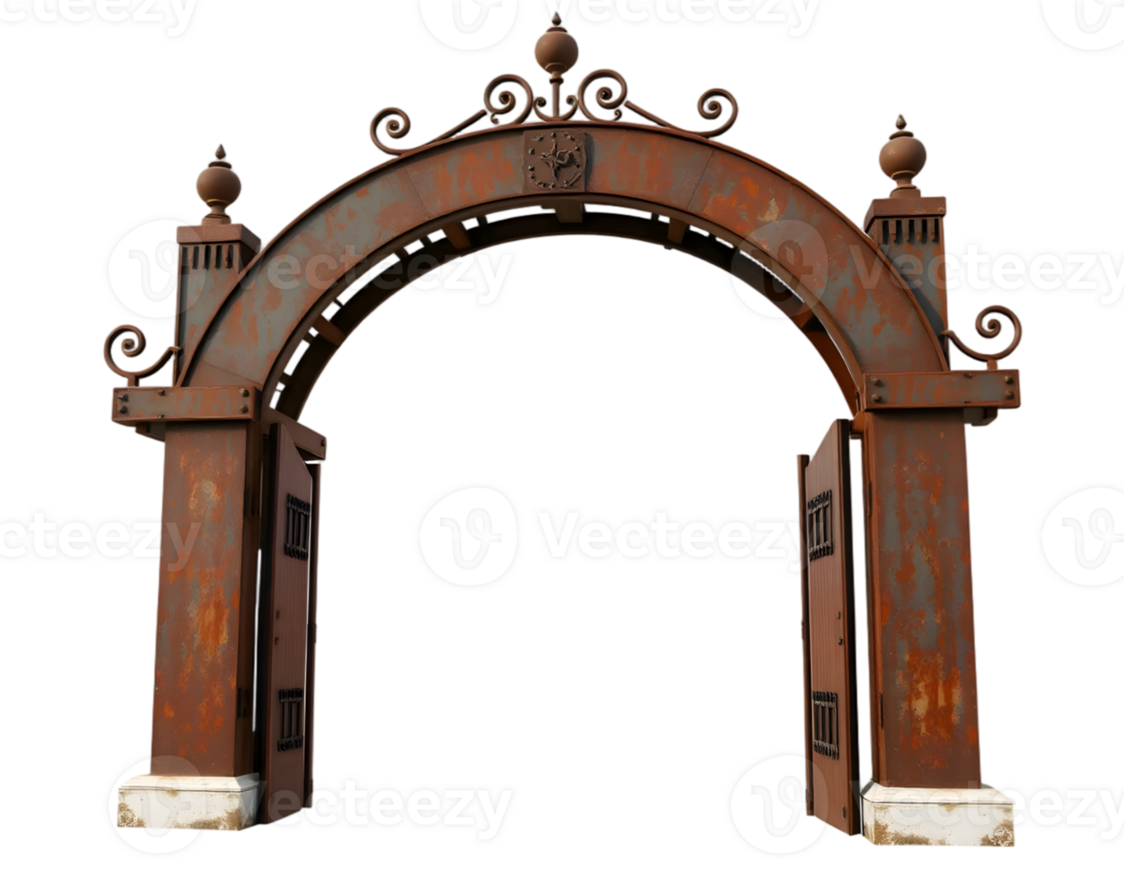 Old rusty gate with forged elements isolated on transparent background png