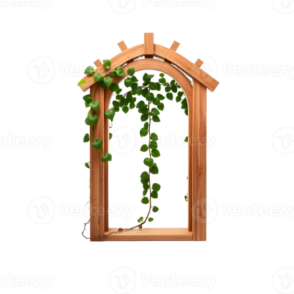 Wooden window frame with green plant png