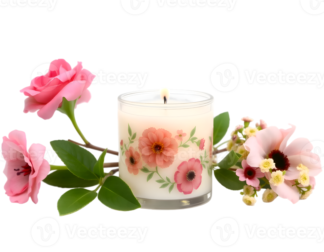 Burning candle with pink flowers and green leaves isolated on transparent background png