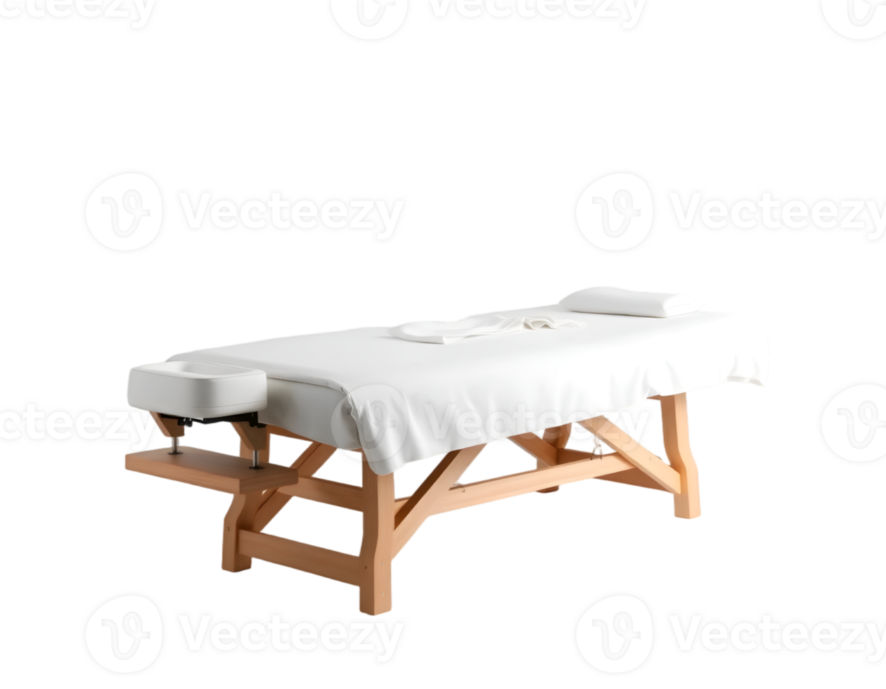 Wooden massage table with white towel png