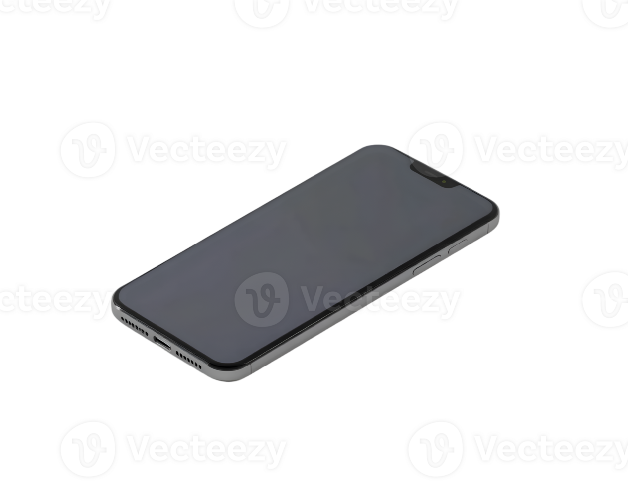 Isometric view of a silver smartphone with a dark screen png