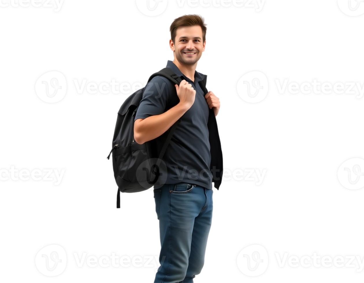 Happy young man with a backpack smiling and looking at the camera. png