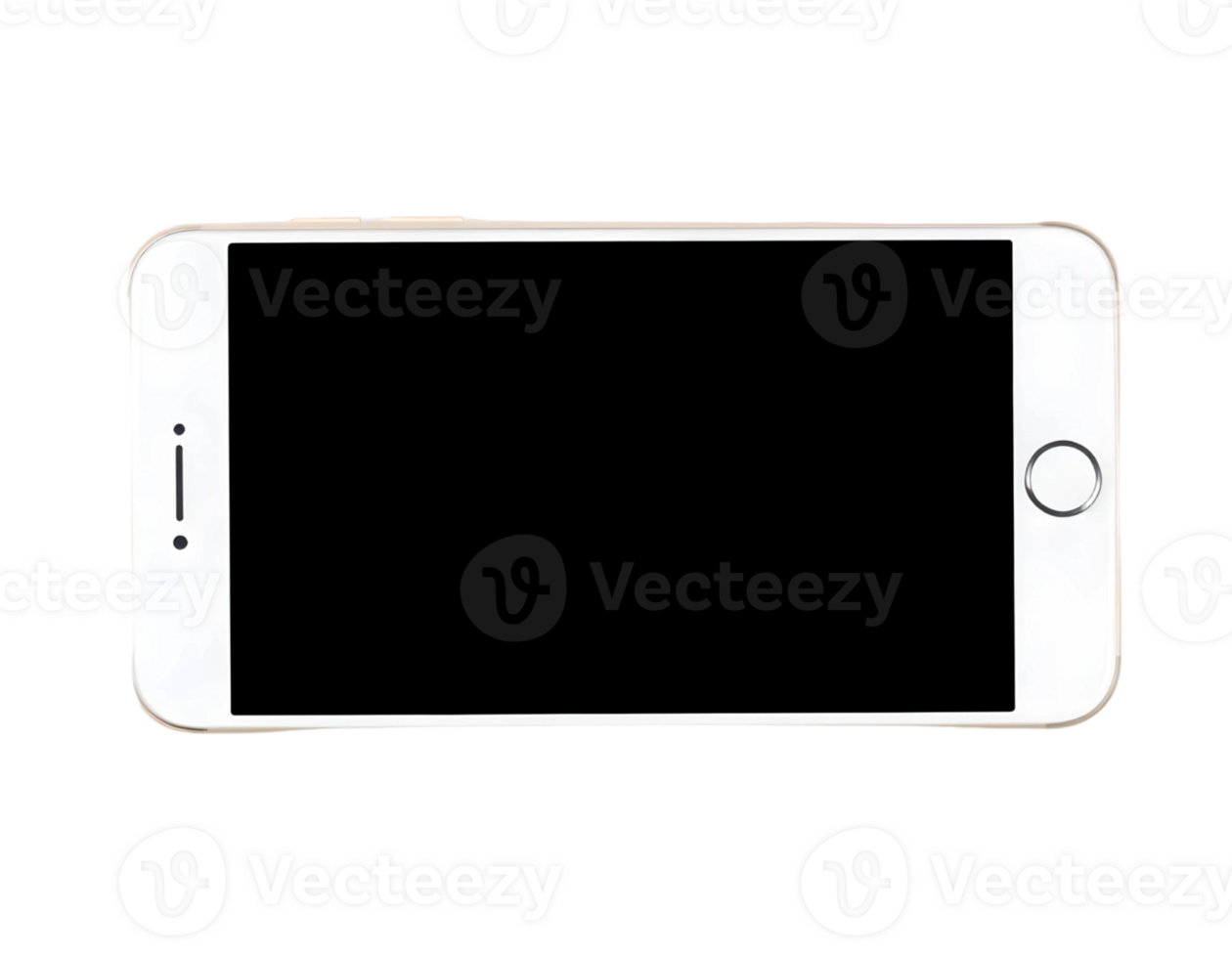 A white iPhone lying horizontally on a transparent background with a black screen png