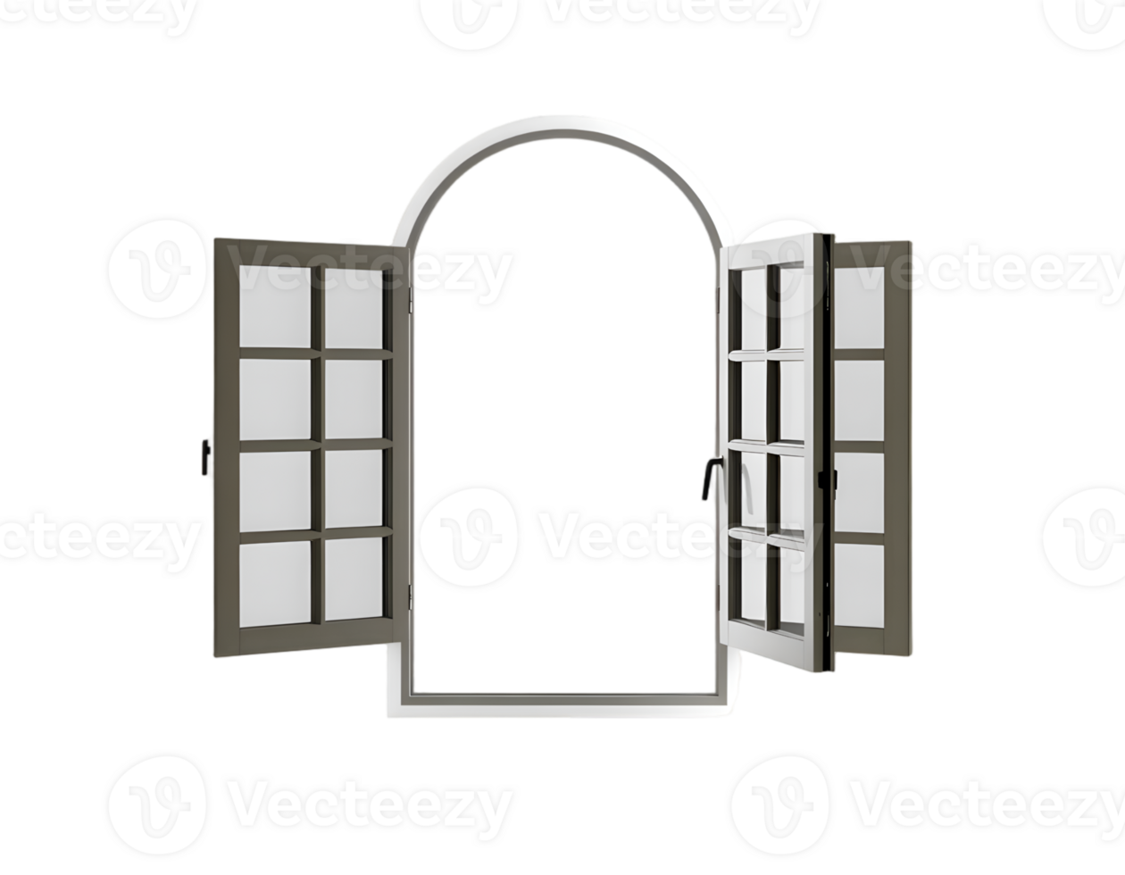 Open arched window with two doors on transparent background png