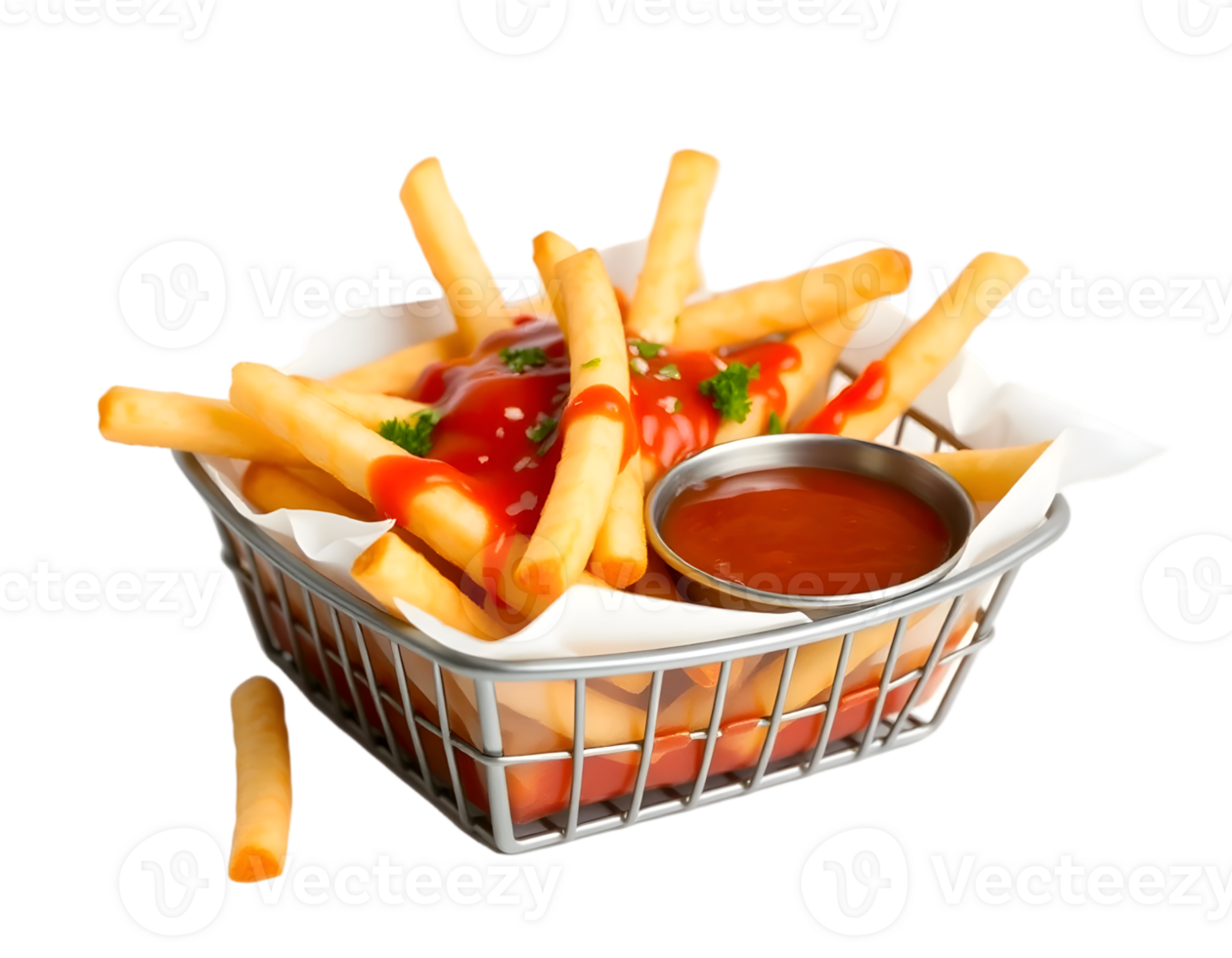 Delicious French Fries with Ketchup in a Wire Basket png