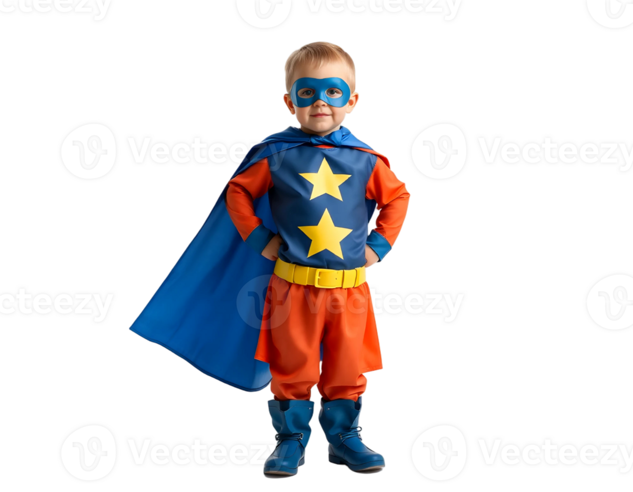 Adorable boy in a superhero costume with a blue cape and mask, striking a pose with hands on hips. png