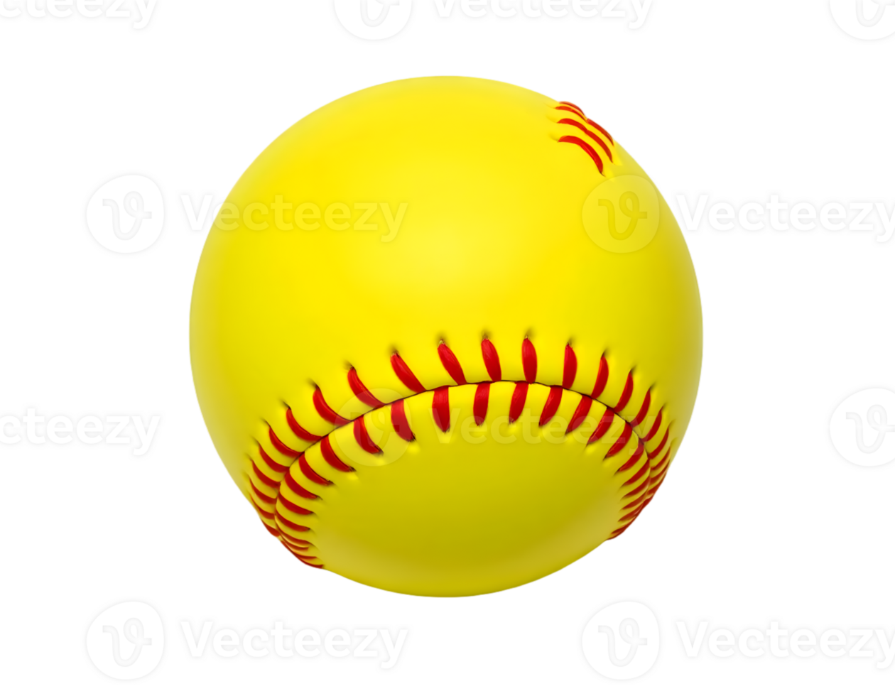 Yellow softball with red stitching on a transparent background png