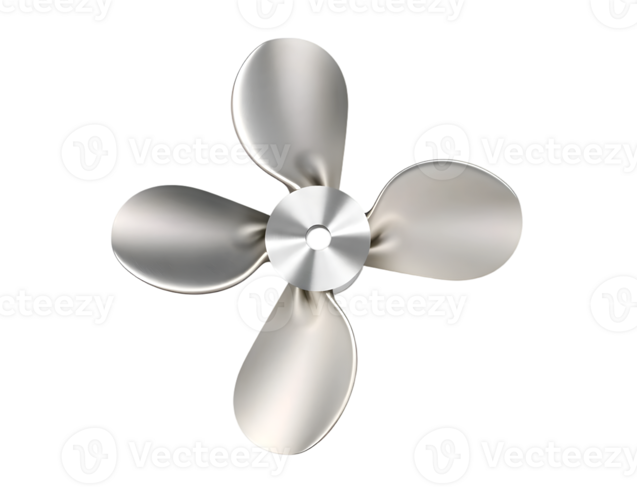 Close-up of a silver propeller with four blades against a transparent background. png