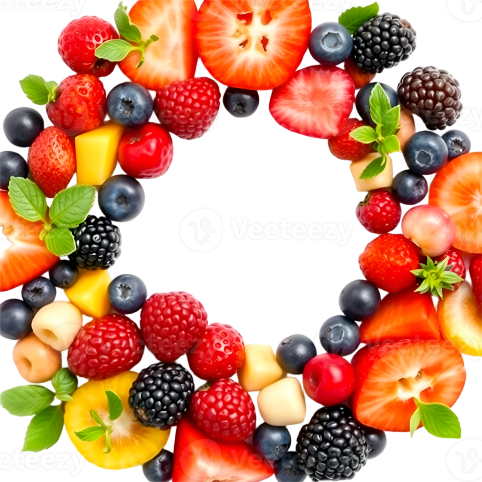 Colorful assortment of fresh berries and fruits arranged in a circle png