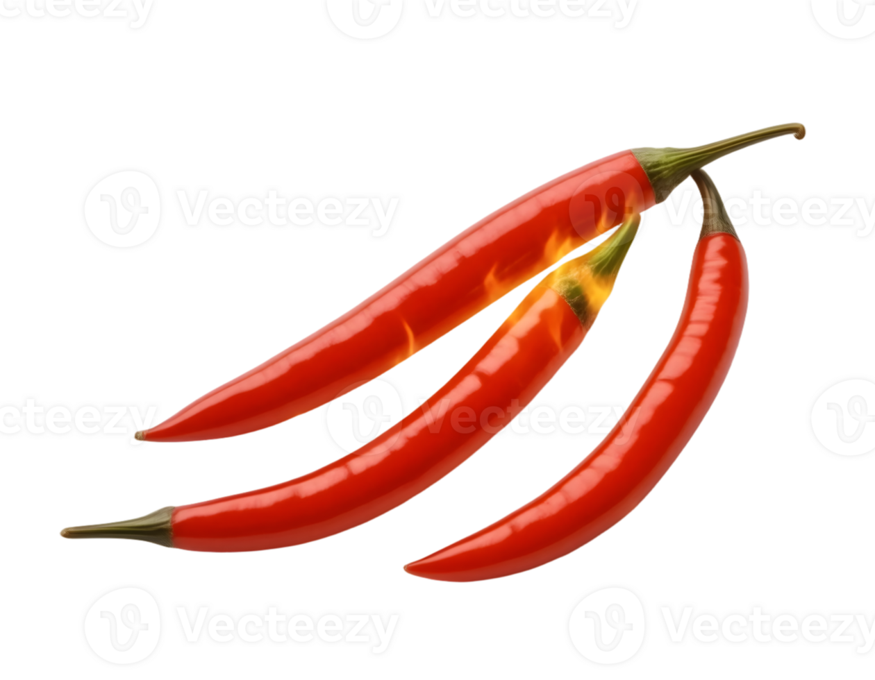 Three vibrant red chili peppers on a transparent background png