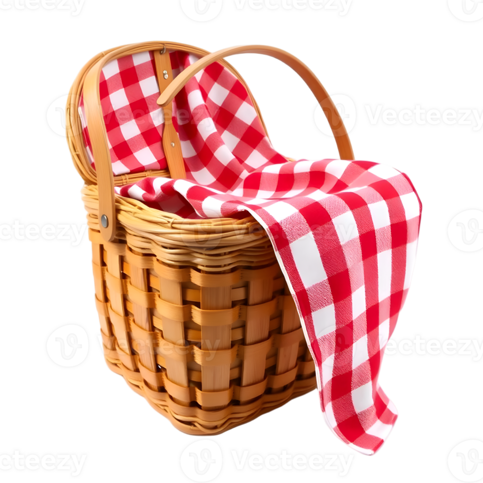 Picnic basket with a red and white checkered cloth png