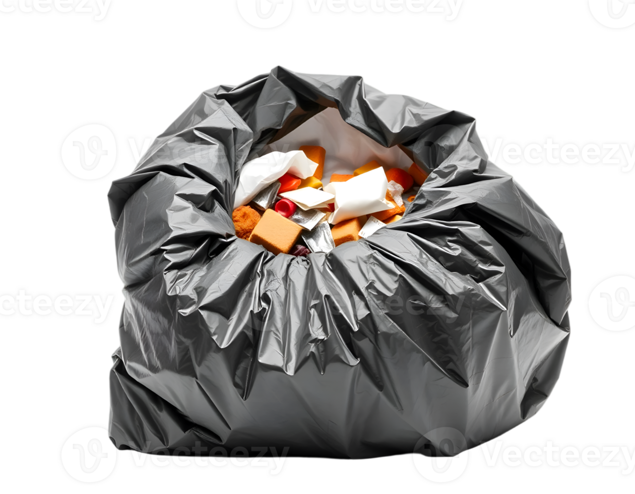 Full black plastic garbage bag filled with assorted waste and trash png
