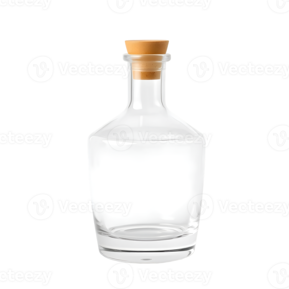 Elegant glass decanter with a wooden cork, perfect for serving beverages. png