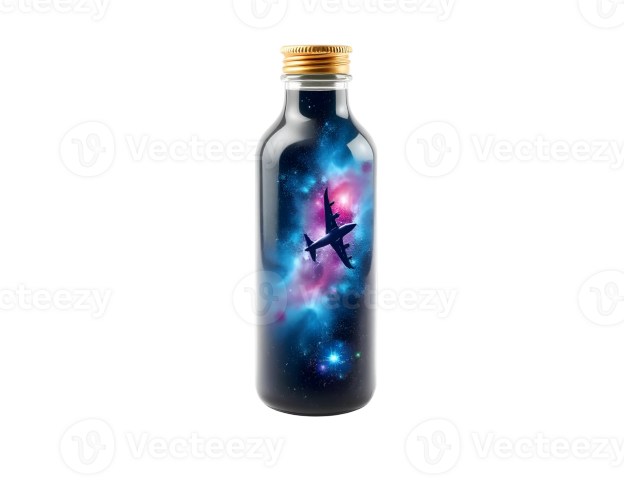 A plane flying in a bottle containing a galaxy png