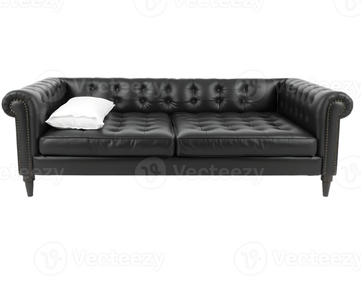 Elegant Black Leather Chesterfield Sofa with Pillow png